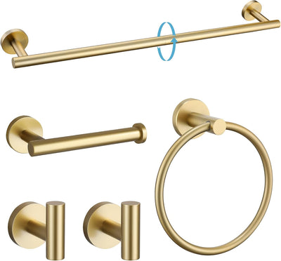 Juego de accesorios de baño de 5 piezas Sumerain SUS304 acero inoxidable, barra para toallas de baño de 24 pulgadas montada en la pared, kit de accesorios de baño redondo, dorado cepillado