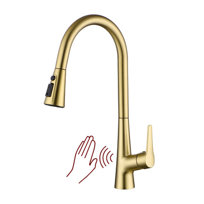 Grifo de cocina SUMERAIN con sensor de movimiento y caño extraíble, dorado cepillado, grifo para fregadero sin manos con mango único