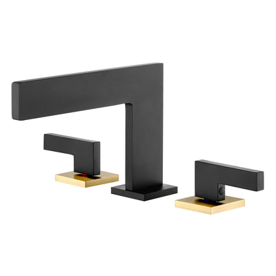 Grifo de baño Sumerain de instalación amplia con efecto cascada, 3 orificios, 2 manijas, grifo de lavabo de tocador de 8 pulgadas, grifo para lavabo negro y dorado con líneas de suministro