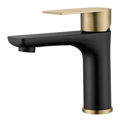 Grifo de baño Sumerain de acero inoxidable, grifo para lavabo de un solo orificio, grifo de baño con manija única, grifo de tocador negro y dorado con líneas de suministro de agua