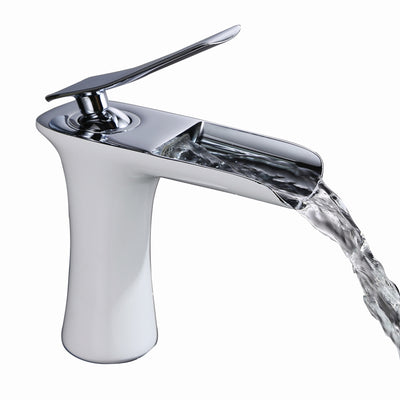 Grifo de baño tipo cascada moderno SUMERAIN, grifo contemporáneo para lavabo con mango único, acabado en cromo y blanco