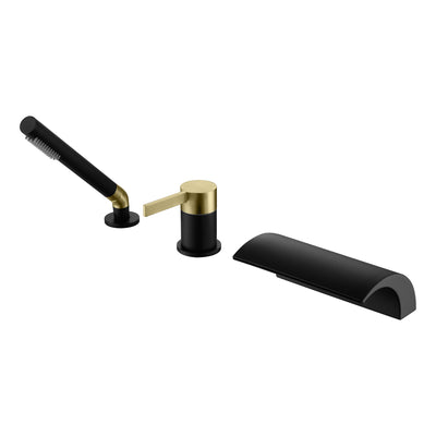 SUMERAIN Juego de grifo para bañera tipo cascada montado en cubierta con ducha de mano, grifo romano para bañera de 3 orificios, acabado negro y dorado
