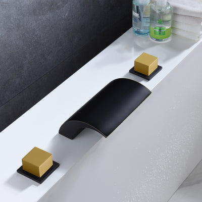 SUMERAIN Grifo romano para bañera Montaje en cubierta de 3 orificios Llenador de bañera en cascada de alto flujo Acabado en negro y dorado