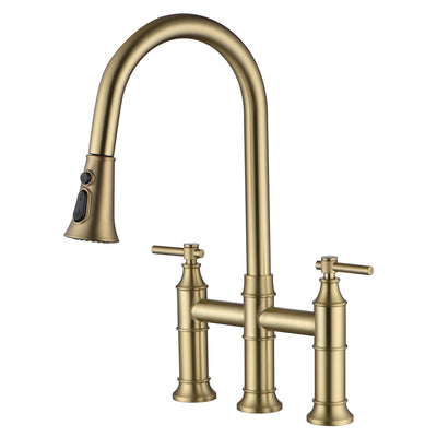 SUMERAIN Grifo de puente de cocina central de 8 pulgadas con rociador desplegable Grifo de cocina de 3 orificios de acero inoxidable, oro cepillado