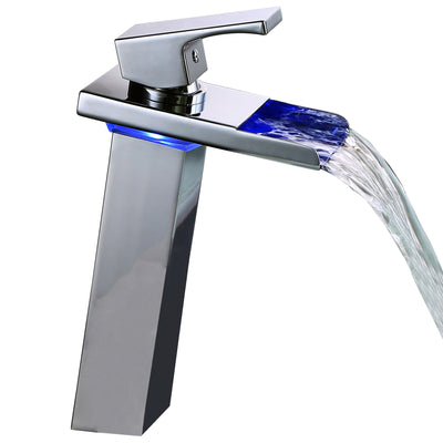 Grifo de baño de caída con LED Sumerain, cromado, mando único, orificio único, grifo para lavabo tipo vaso con cambio de 3 colores