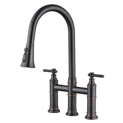 SUMERAIN Bridge grifo de cocina con rociador desplegable, grifo de fregadero de cocina de 3 agujeros, 2 asas, grifo de 8 pulgadas para fregadero de cocina, acero inoxidable, bronce aceitado