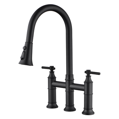 SUMERAIN Puente grifo de cocina con rociador desplegable negro mate 3 orificios 2 manijas grifo de fregadero de cocina de acero inoxidable
