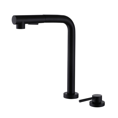SUMERAIN Grifo para fregadero de cocina de 2 orificios con rociador extraíble, grifo de cocina negro con manija única lateral, ventana frontal