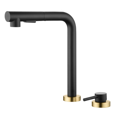 SUMERAIN Grifo para fregadero de cocina de 2 orificios con rociador extraíble y manija lateral, negro y dorado