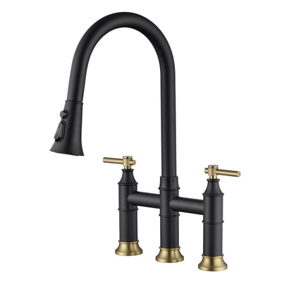 SUMERAIN Bridge grifo de cocina con rociador desplegable, 2 manijas, 3 orificios, grifo para fregadero de cocina, juego central de 8 pulgadas, negro y dorado
