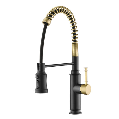 Grifo de cocina SUMERAIN con rociador extraíble, monomando, montaje en un solo orificio, rociador de resorte con 3 funciones, negro y dorado