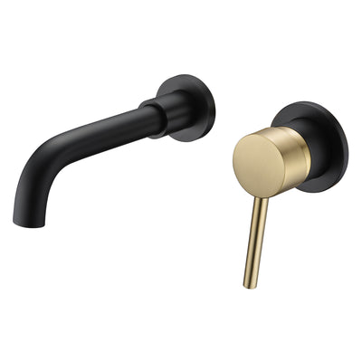 SUMERAIN Grifo de baño de montaje en pared, grifo de montaje en pared negro y dorado para lavabo de baño, con dos asas y válvula áspera