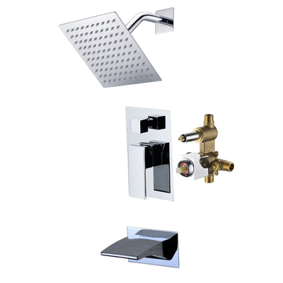 Grifo moderno SUMERAIN para bañera y ducha montado en la pared con mango único, grifo para bañera y ducha con cabezal de ducha tipo lluvia cuadrado de 8 pulgadas y válvula de equilibrio de presión