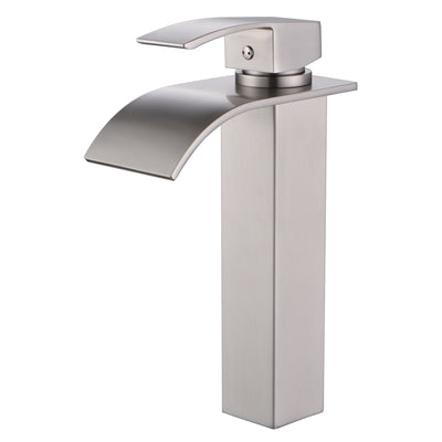 Grifo de lavabo tipo vaso SUMERAIN, grifo alto de cascada para baño, níquel cepillado, monomando para un solo orificio, acero inoxidable