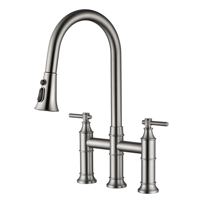 SUMERAIN Grifo de cocina de puente de 2 manijas con rociador desplegable, grifo de fregadero de cocina de 3 orificios de acero inoxidable, níquel cepillado