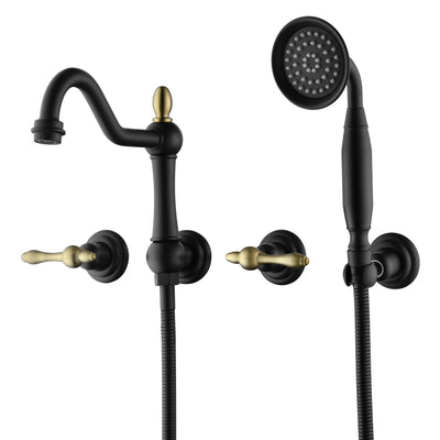 SUMERAIN Llave de llenado de bañera de pared de alto flujo, grifo vintage para bañera con rociador y válvula de instalación, acabado negro y dorado