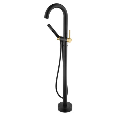 Grifo para bañera montado en el suelo para baño sumerain con ducha de mano, grifo independiente para bañera de alto flujo con pico cuello de cisne giratorio 360 negro y dorado