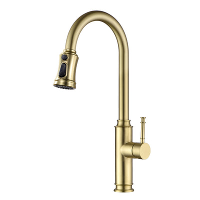 Grifo de cocina SUMERAIN con rociador extraíble, monomando con arco alto, acero inoxidable, montaje en un solo orificio, dorado cepillado