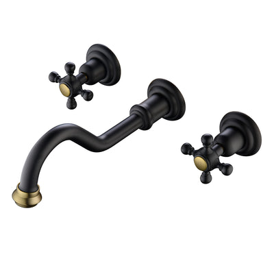 Grifo vintage SUMERAIN para lavabo tipo vaso montado en la pared, 3 orificios con manijas cruzadas, grifo para lavabo negro y dorado con válvula incluida para instalación en pared