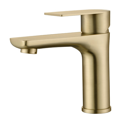 Grifo de baño Sumerain de un solo orificio, grifos para lavabo de acero inoxidable, grifo para lavabo de baño dorado cepillado con manija única y líneas de suministro de agua
