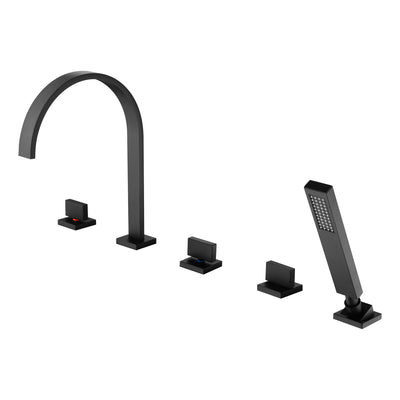 Grifo romano para bañera SUMERAIN negro mate con 3 mandos y ducha de mano, grifo contemporáneo tipo cascada para bañera de 5 orificios de montaje en cubierta con válvula, alto caudal