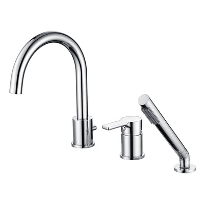 Grifo para bañera romana con montaje en cubierta de una sola manija de 3 orificios con ducha de mano en acabado cromado