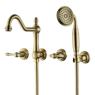 Grifo de bañera SUMERAIN montado en pared con ducha de mano, estilo tradicional en oro cepillado, válvula de instalación incluida