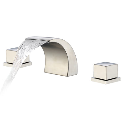 Grifo de baño de caída amplia Sumerain, grifo moderno para lavabo de baño con doble mando, construcción en latón macizo y acero inoxidable, montaje en cubierta con 3 orificios para tocador, níquel cepillado