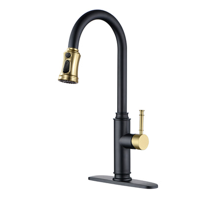 Grifo de cocina SUMERAIN con rociador extraíble, monomando, acero inoxidable, arco alto, placa de cubierta de 3 orificios, negro y dorado