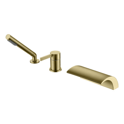 SUMERAIN Grifo romano para bañera de baño con ducha de mano, llenador de bañera tipo cascada de alto flujo con una sola manija, acabado dorado cepillado