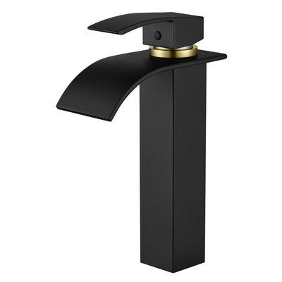 Grifo de lavabo tipo vaso SUMERAIN con caída de agua, negro y dorado, monomando para un solo orificio, grifo alto moderno para lavabo