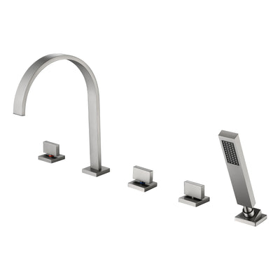 Grifo romano para bañera de 5 orificios SUMERAIN en níquel cepillado, grifo moderno para bañera tipo cascada con tres mandos y ducha de mano, alto caudal