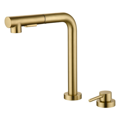 SUMERAIN Grifo para fregadero de cocina con rociador extraíble y manija lateral, grifo para fregadero de 2 orificios, oro cepillado