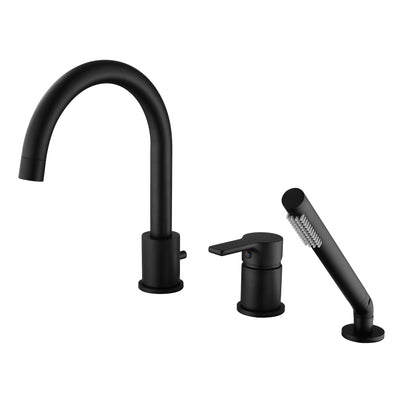 Grifo para bañera romano negro mate con montaje en cubierta de 3 orificios con rociador de ducha de mano