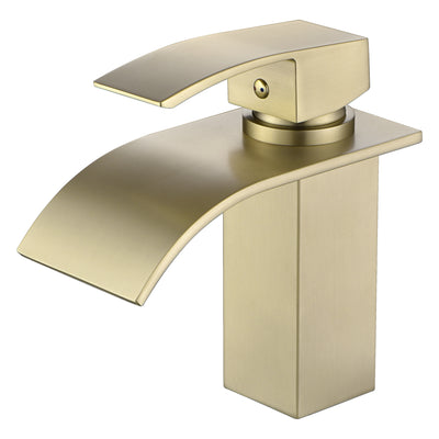 Grifo para lavabo de baño SUMERAIN tipo cascada, grifo para lavabo sin plomo de acero inoxidable con mango único y un solo orificio, acabado en oro cepillado