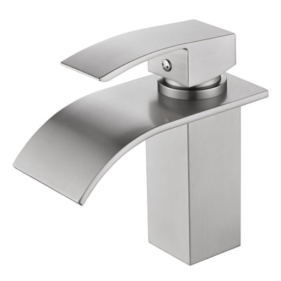 Grifo para lavabo de baño SUMERAIN tipo cascada, grifo mezclador para lavabo con un solo orificio y mango único, acero inoxidable, acabado en níquel cepillado