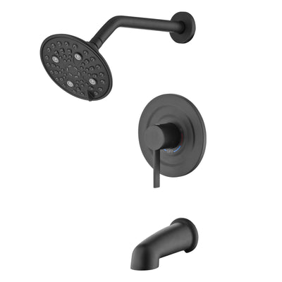 Juego moderno de grifo para bañera y ducha sumerain en negro mate con cabezal de ducha de lluvia de 6 pulgadas y 6 configuraciones y salida para bañera, válvula incluida