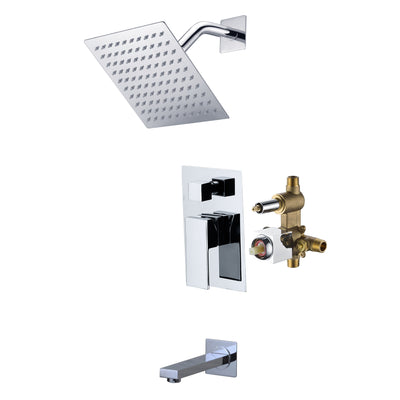 Grifo moderno para bañera y ducha montado en la pared SUMERAIN con cabezal de ducha cuadrado de 8 pulgadas, grifo monomando para bañera y ducha con sistema de válvula de equilibrio de presión, cromo