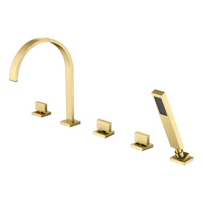 Grifo romano para bañera de 5 orificios SUMERAIN en oro cepillado con 3 mandos, grifo de bañera tipo cascada de lujo con ducha de mano, alto caudal
