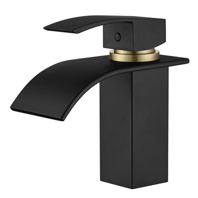 Grifo de baño SUMERAIN con caída de agua, monomando para un solo orificio, acero inoxidable sin plomo, lavabo negro y dorado