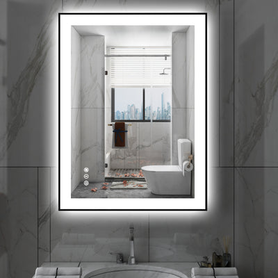 Espejo de baño inteligente anti-vaho LED Sumerain 28"x36" con luces, espejo de pared para baño con marco negro, luz frontal y retroiluminación, 3 temperaturas de color, regulable sin escalones