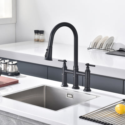 SUMERAIN Puente grifo de cocina con rociador desplegable negro mate 3 orificios 2 manijas grifo de fregadero de cocina de acero inoxidable