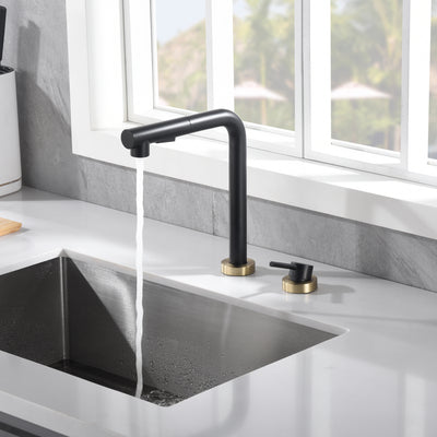 SUMERAIN Grifo para fregadero de cocina de 2 orificios con rociador extraíble y manija lateral, negro y dorado