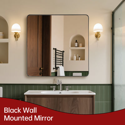 Espejo grande de baño SUMERAIN, espejo de pared con marco de aluminio y vidrio templado de 38x38 pulgadas en negro mate, se cuelga horizontal o verticalmente, fácil de instalar