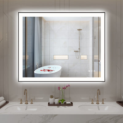 Espejo de baño LED Sumerain 40"x32" con marco negro, espejo de tocador LED anti-vaho regulable con iluminación frontal y trasera para pared, 3 temperaturas de color