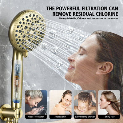 Cabezal de ducha filtrado SUMERAIN con filtro para agua dura - 9 modos de rociado FOF ScaleBlock y cuidado de la piel con vitamina C, cartucho de 3 meses para California/Texas/Illinois, oro cepillado