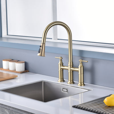 SUMERAIN Grifo de puente de cocina central de 8 pulgadas con rociador desplegable Grifo de cocina de 3 orificios de acero inoxidable, oro cepillado