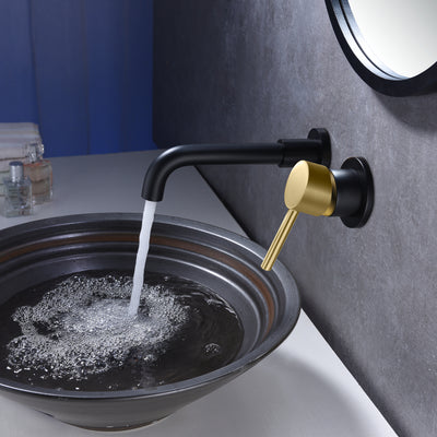 SUMERAIN Grifo de baño de montaje en pared, grifo de montaje en pared negro y dorado para lavabo de baño, con dos asas y válvula áspera