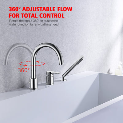 Grifo para bañera romana con montaje en cubierta de una sola manija de 3 orificios con ducha de mano en acabado cromado