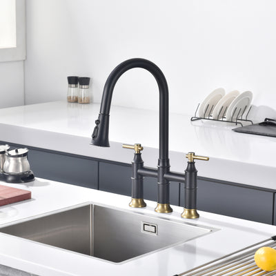SUMERAIN Bridge grifo de cocina con rociador desplegable, 2 manijas, 3 orificios, grifo para fregadero de cocina, juego central de 8 pulgadas, negro y dorado